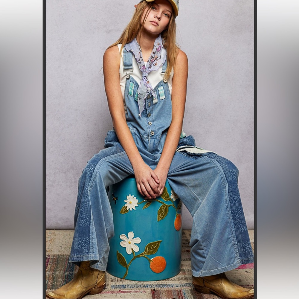 POL Light Blue Patchwork Denim Overalls - image 1